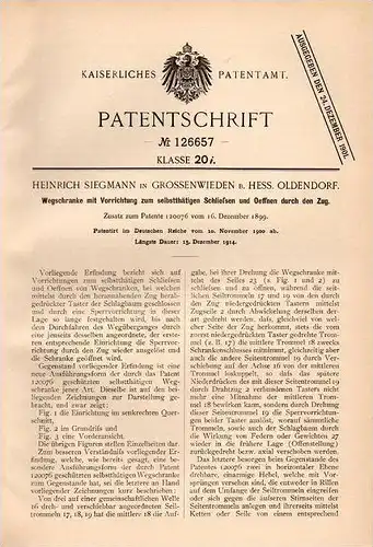 Original Patentschrift - H. Siegmann in Grossenwieden b. Hessisch Oldendorf , 1900 , Schranke für Zug , Eisenbahn !!!