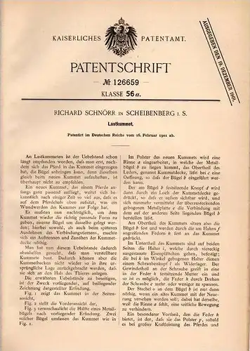 Original Patentschrift - R. Schnörr in Scheibenberg i.S., 1901 , Lastkummet  für Pferde , Pferd , Reiter !!!