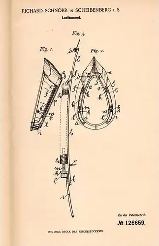 Original Patentschrift - R. Schnörr in Scheibenberg i.S., 1901 , Lastkummet  für Pferde , Pferd , Reiter !!!