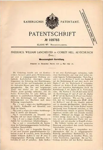 Original Patentschrift - F. Lanchester in Cobley Hill , Alvechurch , 1897 , Massenausgleich - Apparat für Motoren !!!