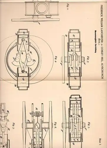 Original Patentschrift - F. Lanchester in Cobley Hill , Alvechurch , 1897 , Massenausgleich - Apparat für Motoren !!!