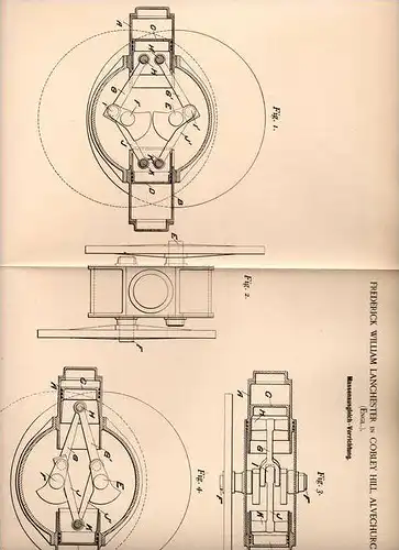 Original Patentschrift - F. Lanchester in Cobley Hill , Alvechurch , 1897 , Massenausgleich - Apparat für Motoren !!!