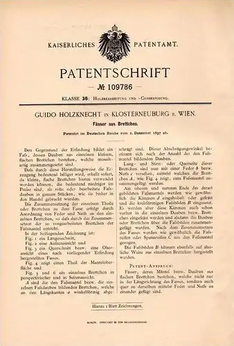 Original Patentschrift - G. Holzknecht in Klosterneuburg b. Wien , 1897 , Fässer aus Brettchen , Fass , Bierfass !!!