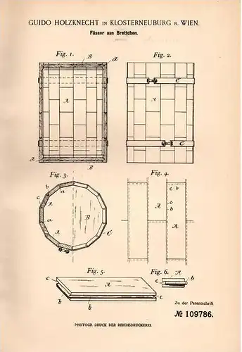 Original Patentschrift - G. Holzknecht in Klosterneuburg b. Wien , 1897 , Fässer aus Brettchen , Fass , Bierfass !!!