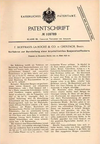 Original Patentschrift - F. Hoffmann - La Roche & Co in Grenzach - Wyhlen , 1898 , kristallisierte Guajacolsulfosäure !!