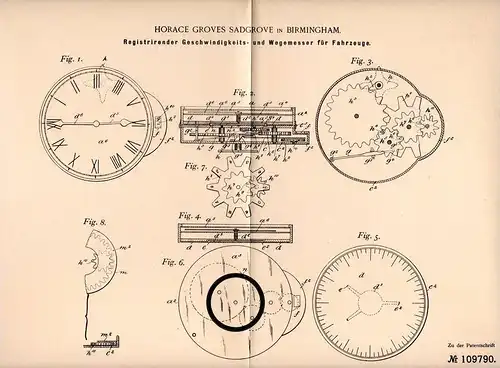 Original Patentschrift - H. Sadgrove in Birmingham , 1898 , Tachometer für Automobile , Motorwagen , Tacho !!!