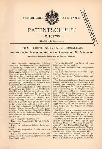 Original Patentschrift - H. Sadgrove in Birmingham , 1898 , Tachometer für Automobile , Motorwagen , Tacho !!!