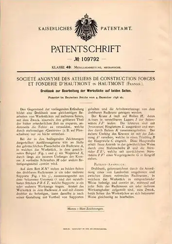 Original Patentschrift - Construction Forges et Fonderie d´ Hautmont , 1898 , Drehbank für beidseitige Bearbeitung !!!