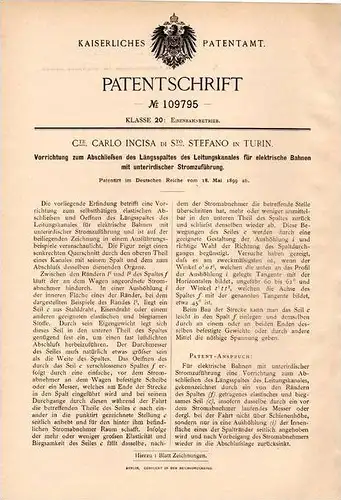 Original Patentschrift - Cte. Carlo Incisa di Sto. Stefano in Turin , 1899 , Apparat für elektrische Bahn , Strassenbahn