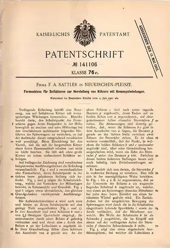 Original Patentschrift - Fa. F. Sattler in Neukirchen - Pleiße , 1901 , Selfaktoren zur Kötzer - Herstellung !!!