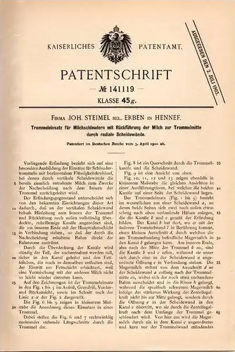 Original Patentschrift - Fa. Joh. Steimel in Hennef , 1900 , Trommel für Milchschleudern , Milch , Molkerei !!!