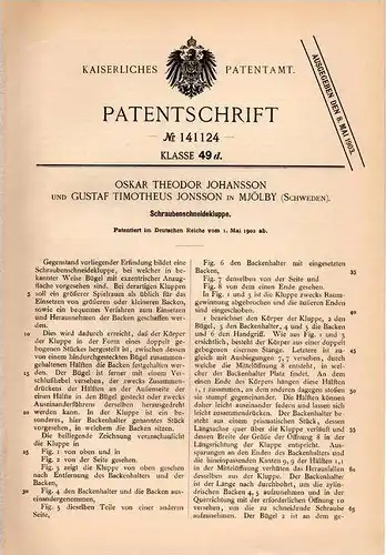 Original Patentschrift - O. Johansson und G. Jonsson in Mjölby , Schweden 1902 , Schrauben - Schneidkluppe !!!