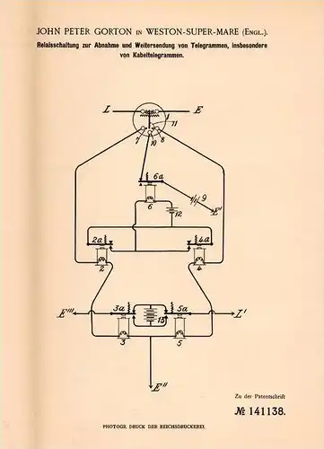 Original Patentschrift - J. Gorton in Weston Super Marne , England , 1901, Relais - Schaltung für Telegramme , Telegramm