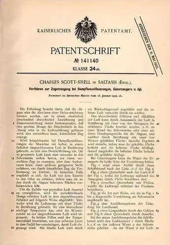 Original Patentschrift - Ch. Scott-Snell in Saltash , England ,1902, Erzeugung von Zugluft bei Gaserzeugern , Dampkessel