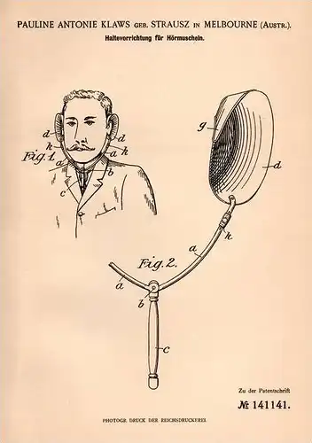 Original Patentschrift - A. Klaws in Melbourne , 1901 , Hörmuschel , Hörgerät , Taubheit , Trommelfell , Ohrenarzt !!!