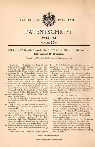 Original Patentschrift - A. Klaws in Melbourne , 1901 , Hörmuschel , Hörgerät , Taubheit , Trommelfell , Ohrenarzt !!!