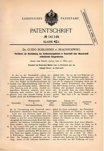 Original Patentschrift - Dr. Guido Bodländer in Braunschweig , 1901 , Kohlensäuregehalt in Sauerstoff und Wasserstoff !!