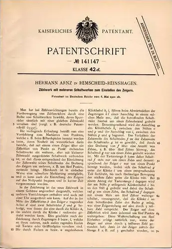 Original Patentschrift - H. Arnz in Remscheid - Reinshagen , 1902 , Zählwerk mit Schaltwerken für Billiard !!!