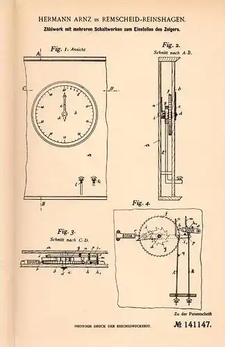 Original Patentschrift - H. Arnz in Remscheid - Reinshagen , 1902 , Zählwerk mit Schaltwerken für Billiard !!!