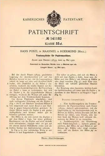 Original Patentschrift - Hans Postl in Maasniel b. Roermond , 1902 , Trockenzylinder für Papiermaschinen , Papier !!!