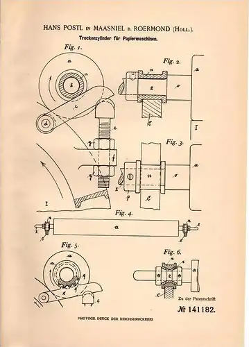 Original Patentschrift - Hans Postl in Maasniel b. Roermond , 1902 , Trockenzylinder für Papiermaschinen , Papier !!!