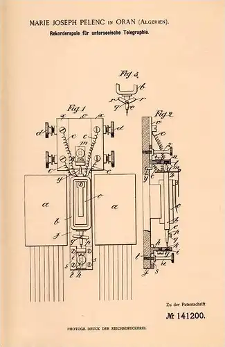 Original Patentschrift - M. Pelenc in Oran , Algerien , 1902 , Rekorderspule für Unterwasser - Telegraphie , telegraphy