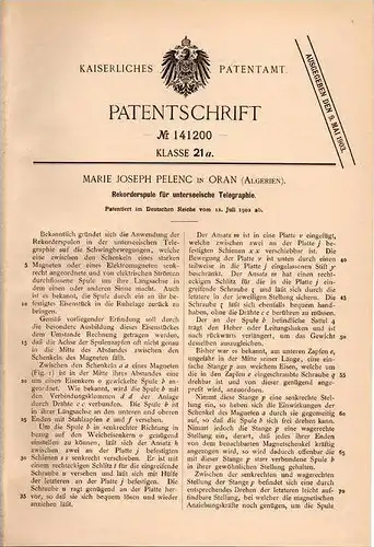Original Patentschrift - M. Pelenc in Oran , Algerien , 1902 , Rekorderspule für Unterwasser - Telegraphie , telegraphy