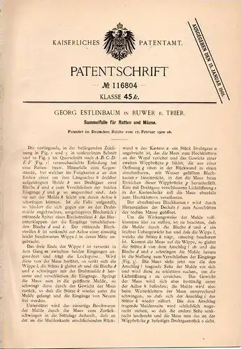 Original Patentschrift - G. Estlinbaum in Ruwer b. Trier , 1900 , Sammelfalle für Ratten und Mäuse , Falle !!!