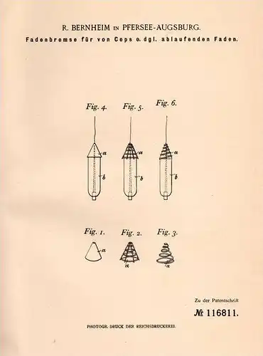 Original Patentschrift - R. Bernheim in Pfersee - Augsburg , 1899 , Fadenbremse , Näherei , Weberei !!!