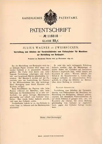 Original Patentschrift - J. Wagner in Zweibrücken , 1899 , Herstellung von Buntpapier , Papier !!!