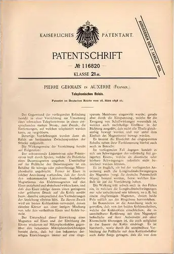Original Patentschrift - P. Germain in Auxerre , 1898 , Relais für Telephon !!!
