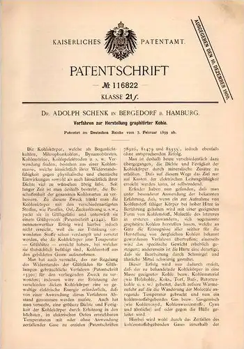 Original Patentschrift - Dr. Adolph Schenk in Bergedorf b. Hamburg , 1899 , Herstellung graphitierter Kohle , Graphit !!