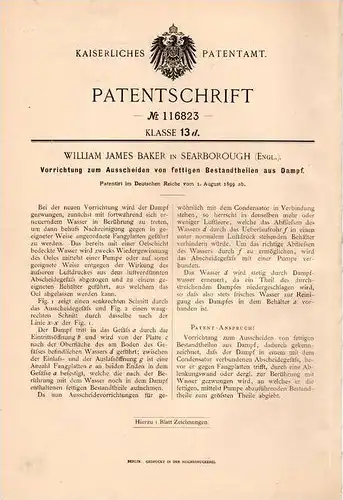 Original Patentschrift - W. Baker in Searborough , England , 1899 , Apparat zum Auschneiden fettiger Teile aus Dampf !!!