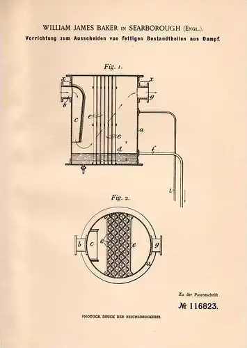 Original Patentschrift - W. Baker in Searborough , England , 1899 , Apparat zum Auschneiden fettiger Teile aus Dampf !!!