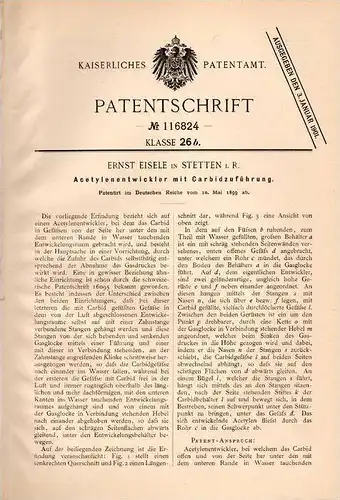 Original Patentschrift - Ernst Eisele in Stetten b. Kernen im Remstal , 1899 , Acetylenentwickler mit Carbidzuführung !!