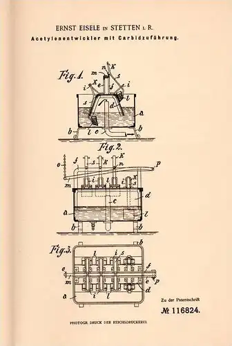 Original Patentschrift - Ernst Eisele in Stetten b. Kernen im Remstal , 1899 , Acetylenentwickler mit Carbidzuführung !!