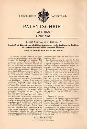 Original Patentschrift - B. Neubauer in Pausa i.V., 1900 , Schreibstift mit Zählwerk , Stickerei !!!