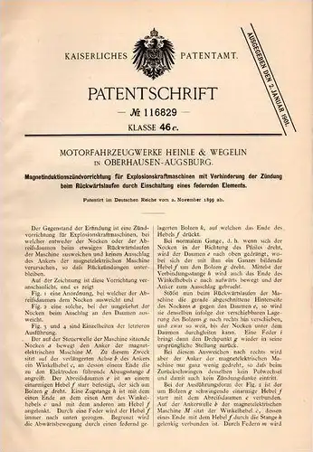 Original Patentschrift - Motorfahrzeugwerke Heinle & Wegelin in Oberhausen - Augsburg , 1899 , Magnetzündung für Motoren