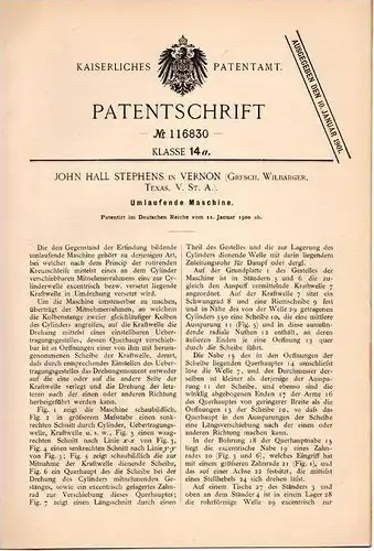 Original Patentschrift - John Stephens in Vernon , Wilbarger County , 1900 , umlaufende Maschine , Texas !!!