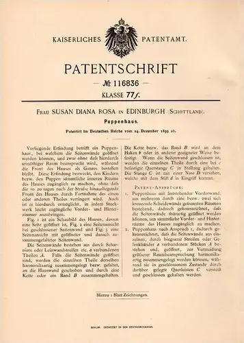 Original Patentschrift - Puppenhaus for Dolls , 1899 , S. Rosa in Edinburgh , Scotland , Dolls , Puppen !!!