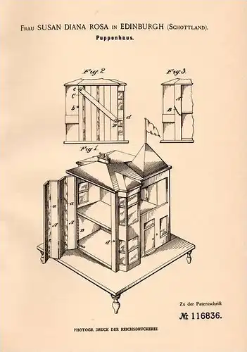 Original Patentschrift - Puppenhaus for Dolls , 1899 , S. Rosa in Edinburgh , Scotland , Dolls , Puppen !!!