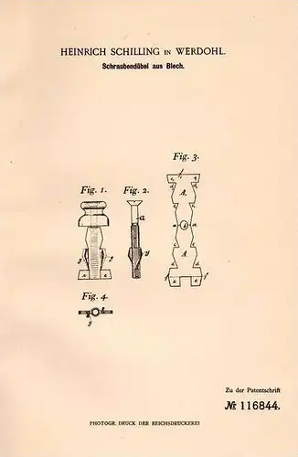 Original Patentschrift - H. Schilling in Werdohl , 1899 , Schraubendübel aus Blech !!!