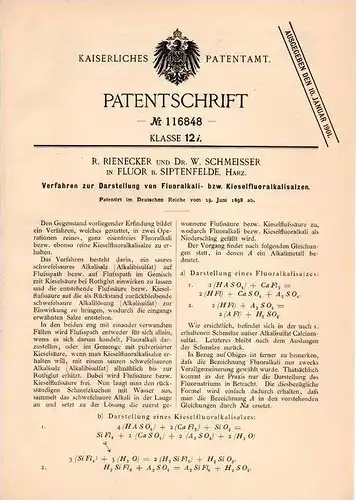 Original Patentschrift - R. Rienecker und Dr. W. Schmeisser in Fluor b. Harzgerode , Harz , 1898 , Fluoralkalisalz !!!