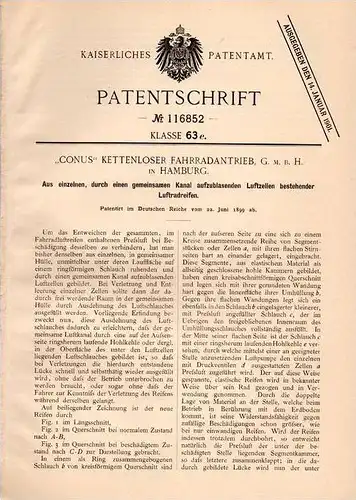 Original Patentschrift - CONUS - Kettenloser Fahrrad - Antrieb GmbH in Hamburg , 1899 , Luftradreifen aus Einzelzellen !