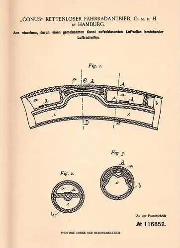 Original Patentschrift - CONUS - Kettenloser Fahrrad - Antrieb GmbH in Hamburg , 1899 , Luftradreifen aus Einzelzellen !