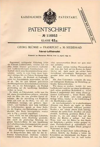Original Patentschrift - G. Blümke in Frankfurt a.M. - Niederrad , 1899 , Fahrrad - Sattel , Luftfedersattel !!!