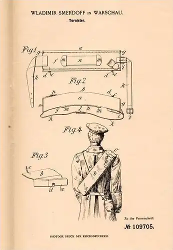 Original Patentschrift - Tornister für Soldaten , 1899 , W. Smerdoff in Warschau , Soldat , Affe !!!