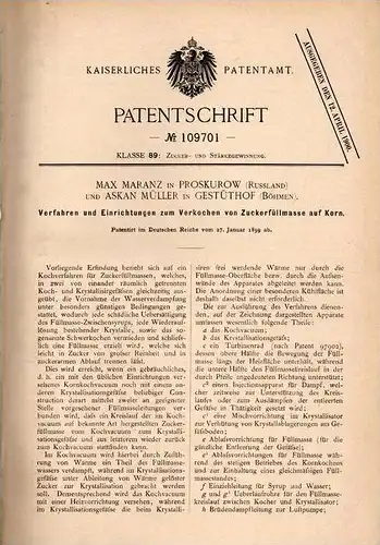 Original Patentschrift - M. Maranz in Proskurow , Russland und Gestüthof , 1899 , Apparat für Zucker - Füllmasse  !!!