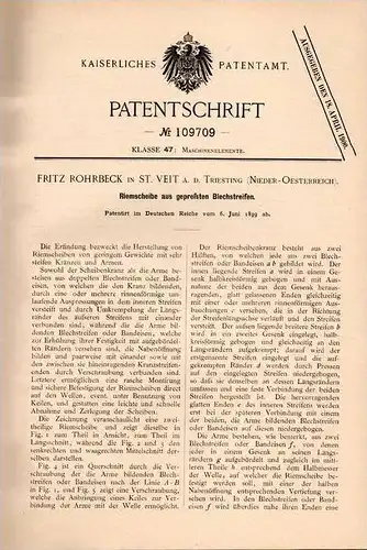 Original Patentschrift - F. Rohrbeck i. St. Veit b. Berndorf a.d. Triesting , 1899 , Riemenscheibe aus gepresstem Blech