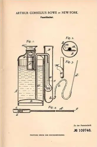 Original Patentschrift - Feuerlöscher , 1898 , A. Rowe in New York , Feuerwehr , Fire , Feuer !!!